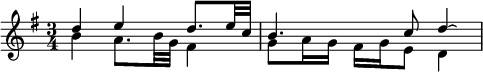 << \relative d'' { \time 3/4 \key g \major d4 e d8. e32 c b4. c8 d4\laissezVibrer } \\ \relative b' { b4 a8. b32 g fis4 | g8 a16 g fis g e8 d4 } >>