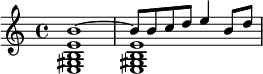 << \relative b' { b1~ b8 b c d e4 b8 d } \\ \relative e { e1 e } \\ \relative e' { e1 e1 } \\ \relative gis { gis1 gis } \\ \relative b { b1 b1 } >>