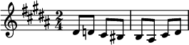 {\key gis \minor \time 2/4 \relative dis' { dis8 d cis bis b ais cis dis }}