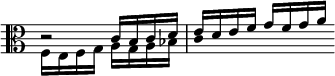  << \clef alto \omit Score.TimeSignature
\relative c' { \set Timing.measureLength = #(ly:make-moment 2/4) c2*1/2\rest c16[ b c d] e[ d e f] g[ f g a] \bar "" }
\\ \relative c { \set Timing.measureLength = #(ly:make-moment 2/4) f16[ e f g] a[ g a bes] \once \omit Stem c4*2 \bar "" }
>> 