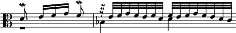  << \clef alto \omit Score.TimeSignature
\relative c' { \set Timing.measureLength = #(ly:make-moment 2/4) d8.\mordent e16[ f g] f8\mordent r32 e f g f e f d f e f g f e d c \bar "" }
\\ \relative c' { \set Timing.measureLength = #(ly:make-moment 2/4) r1*1/2 bes4 d \bar "" }
>> 