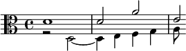 {\clef alto << \relative d' { d1 d2 a' e2*1/4 } \\ \relative d { r2 d2~4 e f g a8 } >>}