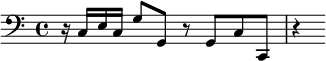 {\clef bass \relative c { r16 c e c g'8 g, r g c c, r4 }}