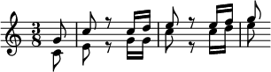 {\time 3/8 \partial 8 << \relative g' { g8 c8 r c16 d e8 r8 e16 f g8 } \\ \relative c' { c8 e8 r8 g16 g c8 r8 c16 d e8 } >>}