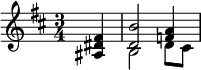 <<  \relative fis' { \time 3/4 \key d \major \partial 4 <fis dis ais>4 <b d,>2 <a f>4 } \\ \relative b { s4 b2 d8 cis }>>