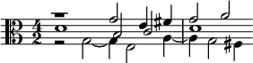 { \time 4/2 \clef alto << \relative g' { r1 g2 e4 fis g2 a } \\ \relative g { r2 g2~4 e2 a4~4 g2 fis4 } \\ \relative d' { d1 b2 c d1 } >> }