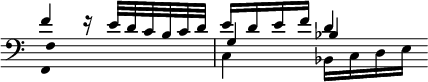  << \clef bass \omit Score.TimeSignature
\relative f' { \set Timing.measureLength = #(ly:make-moment 2/4) f4 r16 e32 d c b c d e16 d e f d4 \bar "" }
\\ \relative f { \set Timing.measureLength = #(ly:make-moment 2/4) \once \omit Stem f,4*2 c'4 bes16 c d e \bar "" }
\\ \relative f { \set Timing.measureLength = #(ly:make-moment 2/4) \once \omit Stem f4*2 g4 bes \bar "" }
>> 