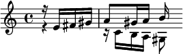 {\partial 4 << \relative e' { r16 e fis gis a8 gis16 a b16 } \\ \relative c' { r4 r16 c b a gis8 } >>}