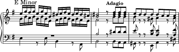 \new PianoStaff <<
\new Staff \with { \clef treble \omit TimeSignature } <<
\relative dis'' { \mark "E Minor" \key e \minor e16 g fis g e g e b dis e fis e dis e dis cis  <dis b>2 \tempo "Adagio" r8 <dis fis>8 8 8 | e8 d d d d c c c }
\\
\relative fis' { g16 b a b g b g e fis g a g fis g fis e | fis2 r8 b8 b b | b8 r8 r8 gis a4 r8 a }
>>
\new Staff \with { \clef bass \omit TimeSignature } <<
\relative b { \key e \minor R1 | b2 r8 dis8 8 8 | e8 r8 r8 <b e>8 <a e'>4 r8 <a fis'> }
\\
\relative b, { e4 r8 e b4 r8 fis | b2 r8 b a a gis r r e a4 r8 dis8 }
>>
>>