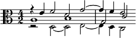 { \time 4/2 \clef alto << \relative e' { r4 e f2 d g2~g4 f e2 } \\ \relative d { r2 d~ d e2~ e4 d c2 } \\ \relative a { a1 b g2 c } >> }