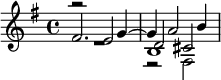  << \relative fis' {\key e \minor fis2. g4~ g a2 b4 } \\ \relative fis { s1 r2 fis } \\ \relative e' { r2 e d cis } \\ \relative b { R1 b1 } >> 