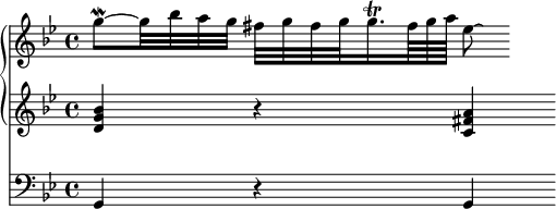 << \new PianoStaff << \new Staff \relative g'' {\key g \minor g8~-\mordent g32 bes a g fis g fis g g16.*5/6-\trill fis64 g a ees8\laissezVibrer } \new Staff \with {} \relative d' { \key g \minor <d g bes>4 r4 <c fis a>4 } >> \new Staff \with { \clef bass } \relative g, { \key g \minor g4 r4 g } >>