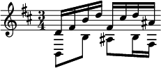 << \relative d' { \time 3/4 \key b \minor d16 fis b d fis, cis' d ais } \\ \relative b, { b8 b' ais b16 fis } >>