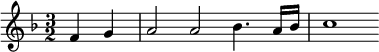 \relative f' { \time 3/2 \key f \major \partial 2 f4 g a2 a bes4. a16 bes c1 }