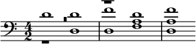 << \relative d' { \clef bass \time 4/2 d1 d f d f } \\ \relative d { r1 d d f d } \\ \relative a { R\breve r1 a1 a  } >>