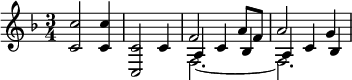 { \relative c' { \time 3/4 \key f \major <c c'>2 4 <c, c'>2 }<< \relative c' {  c4 f2 a8 f a2 g4 } \\ \relative f { s4 f2.~f } \\ \relative a { s4 a c bes a c bes } >>}