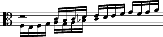  << \clef alto \omit Score.TimeSignature
\relative c' { \set Timing.measureLength = #(ly:make-moment 2/4) d2*1/2\rest c16[ b c d] e[ d e f] g[ f g a] \bar "" }
\\ \relative c { \set Timing.measureLength = #(ly:make-moment 2/4) f16[ e f g] a[ g a bes] \once \omit Stem c4*2 \bar "" }
>> 