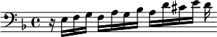 {\key d \minor \clef bass \relative e { r16 e f g f a g bes a d cis e d }}