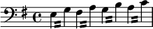 {\clef bass \key e \minor \relative e { \repeat tremolo 2 { e16 g } \repeat tremolo 2 { fis16 a } \repeat tremolo 2 { g16 b } \repeat tremolo 2 { a16 c } }}