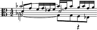 << \relative bes' { \time 4/2 \clef alto bes2~ bes16 g bes8 a16 bes g a } \\ \relative g { g2~ g8 g f ees } \\ \relative d' { d8 g f16 g ees f d2\laissezVibrer } \\ \relative bes { bes2. r4 } >>