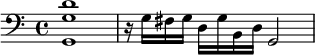 {\clef bass \relative g { <g g, d''>1 r16 g fis g d g b, d g,2 }}