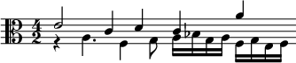 << \relative e' { \time 4/2 \clef alto e2 c4 d c a'  } \\ \relative a { r4 a4. f4 g8 a16 bes g a f g e f  } >>