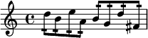 {\relative d'' { \repeat tremolo 2 d16 \repeat tremolo 2 b16 \repeat tremolo 2 e16 \repeat tremolo 2 a,16 \repeat tremolo 2 b16 \repeat tremolo 2 g16 \repeat tremolo 2 d'16 \repeat tremolo 2 fis,16 }}