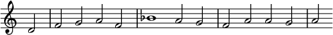 \relative d' { \omit Staff.TimeSignature \time 4/2 \partial 2 d2 | f g a f | bes1 a2 g | f a a g | a2 }