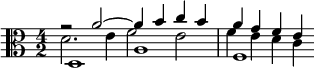 { \time 4/2 \clef alto << \relative a' { r2 a2~4 b c b a g f e } \\ \relative d { d1 a' f } \\ \\ \relative d' { d2. e4 f2 e f4 e d c } >> }