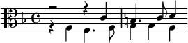 << \relative c' { \clef alto r2 r4 c b4. c8 d4 } \\ \relative f { \key f \major r4 f e4. f8 g4 g f } >>