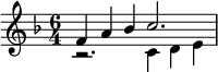 << \relative f' { \time 6/4 \key f \major f4 a bes c2. } \\ \relative c' { r2. c4 d e } >>