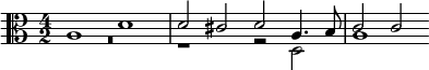 << \relative a { \clef alto \time 4/2 a1 d d2 cis d a4. b8 c2 c } \\ \relative d { R\breve r1 r2 d a'1 } >>