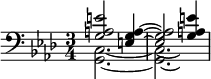 << \relative g { \key f \minor \time 3/4 \clef bass <g a e'>2 <e g a>4~2 <g a e'>4  } \\ \relative g, { <g c>2.~2.\laissezVibrer } >>