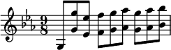 \relative g { \time 9/8 \key c \minor g8 <g' g'> <ees ees'> <f f'> <g g'> <aes aes'> <g g'> <aes aes'> <bes bes'> }