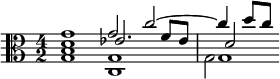 << \relative g' { \clef alto \time 4/2 g1 g2 c~ c4 d8 c } \\ \relative g { g1 c, g'1*1/2 } \\ \relative d' { d1 ees2. f8 ees d2 } \\ \relative b { b1 g g2 } >>