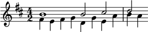 {\time 4/2 \key d \major << \relative b' { b1 b2 cis d } \\ \relative fis' { fis4 e fis g d g e a b a } >>}