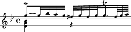 << \relative g'' {\key g \minor g8~-\mordent g32 bes a g fis g fis g g16.*5/6-\trill fis64 g a  } \\ \relative d' { \key g \minor <d g bes>4 r4 } >>