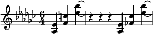 {\key ges \major \time 6/4 \partial 2. \relative aes { <aes ees'>4 <f' c'> <ees' bes'>\laissezVibrer r4 r r <aes,, ees'> <fes' ces'> <ees' bes'>\laissezVibrer }}