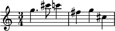 \relative g'' { \time 3/4 g4. cis8 c4 fis,4 g cis, }