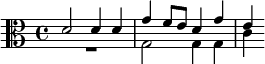 {\clef alto << \relative d' { d2 4 4 g f8 e d4 g e } \\ \relative g { R1 g2 g4 g c } >>}