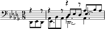 << \relative aes { \clef bass \key des \major \time 9/8 \partial 4. r4 r8 r4 r8 r4 r8 aes8 bes aes } \\ \relative des, { des8 ees des | ees4. des2.\laissezVibrer } \\ \relative des { s4. s4. des8 ees des ees4.\laissezVibrer } \\ \relative aes, { s4. aes8 bes aes bes4. aes } >>