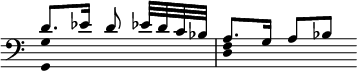  << \clef bass \omit Score.TimeSignature
\relative f' { \set Timing.measureLength = #(ly:make-moment 2/4) d8. ees16 d8 ees!32[ d c bes] a8. g16 a8 bes \bar "" }
\\ \relative f, { \set Timing.measureLength = #(ly:make-moment 2/4) \override NoteHead.duration-log = #2 g1*1/2 d' \bar "" }
\\ \relative f { \set Timing.measureLength = #(ly:make-moment 2/4) \override NoteHead.duration-log = #2 g1*1/2 f \bar "" }
>> 