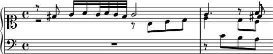 <<
\new GrandStaff <<
\new Staff \with { \clef soprano \key g \major }  << \relative fis' { r8 fis g16[ a g32 a g fis] g2 | g4. a8 } \\ \relative b { r2 r8 b[ c d] | e4 d8[ c] } \\ \relative fis' { s1 | s4 b8\rest fis8 } >> 
\new Staff \with { \clef bass\key g \major }  \relative c' { R1 | r8 c[ b a] } 
>>
>>
\layout {
\context { \Voice \autoBeamOff }
}