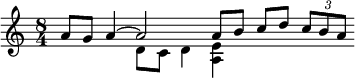 {\time 8/4 << \relative a' { a8 g a4~2 a8 b c d \tuplet 3/2 { c8 b a } } \\ \relative d' { s2 d8 c d4 <e a,>4 } >>}