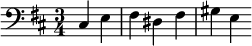 {\time 3/4 \clef bass \key d \major \partial 2 \relative cis { cis4 e fis dis fis gis e }}