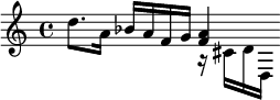 {\relative d'' { d8. a16 bes a f g } << \relative a' { <a f>4 }\\ \relative cis' {r16 cis d d, } >>}