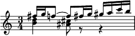 << \relative fis'' { \time 3/4 fis16 g f8~f8 fis16 g gis a c b } \\ \relative g' { <b d>4 <ais cis>8 r8 r4 } >>