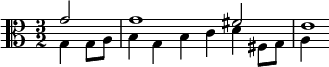 {\clef alto \time 3/2 \partial 2 << \relative g' { g2 g1 fis2 e1*1/4 } \\ \relative g { g4 g8 a b4 g b c d fis,8 g a4 } >>}