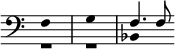  << \clef bass \omit Score.TimeSignature
\relative f { \set Timing.measureLength = #(ly:make-moment 2/4) \once \override NoteHead.duration-log = #2 f1*1/2 \once \override NoteHead.duration-log = #2 g f4. f8 \bar "" }
\\ \relative c { \set Timing.measureLength = #(ly:make-moment 2/4) \override NoteHead.duration-log = #2 r1*1/2 r bes \bar "" }
>> 