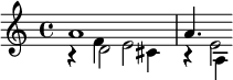 {<< \relative a' { a1 a4. } \\ \relative d' { r4 d2 cis4 r4 a4*1/2 } \\ \\ \relative f' { r4 f4 e2 r4 e2*1/4 } >>}